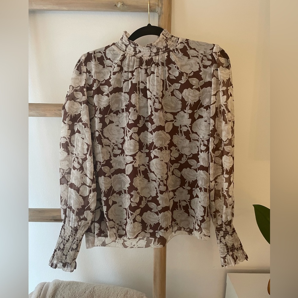 WILFRED Brown floral blouse - ruched sleeve